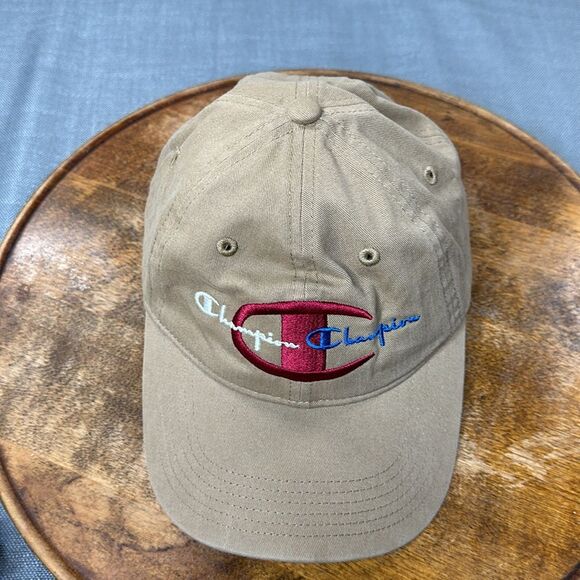 Champion Hat Tan Embroidered Baseball Cap Strapback Adjustable Spellout Neutral - Picture 5 of 11